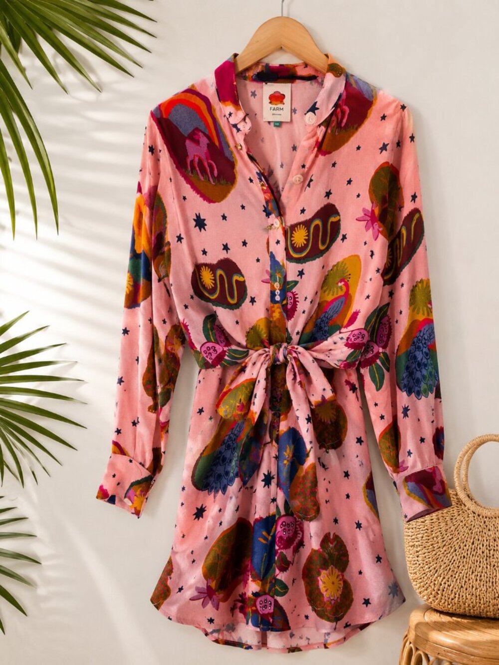 Farm Rio Pink Printed Tie-Front Long Sleeve Dress XS